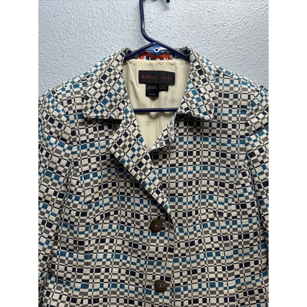 Nina Mclemore Women Blue,White Geometric Pattern Button Front Blazer Jacket Sz 2 - Picture 3 of 16
